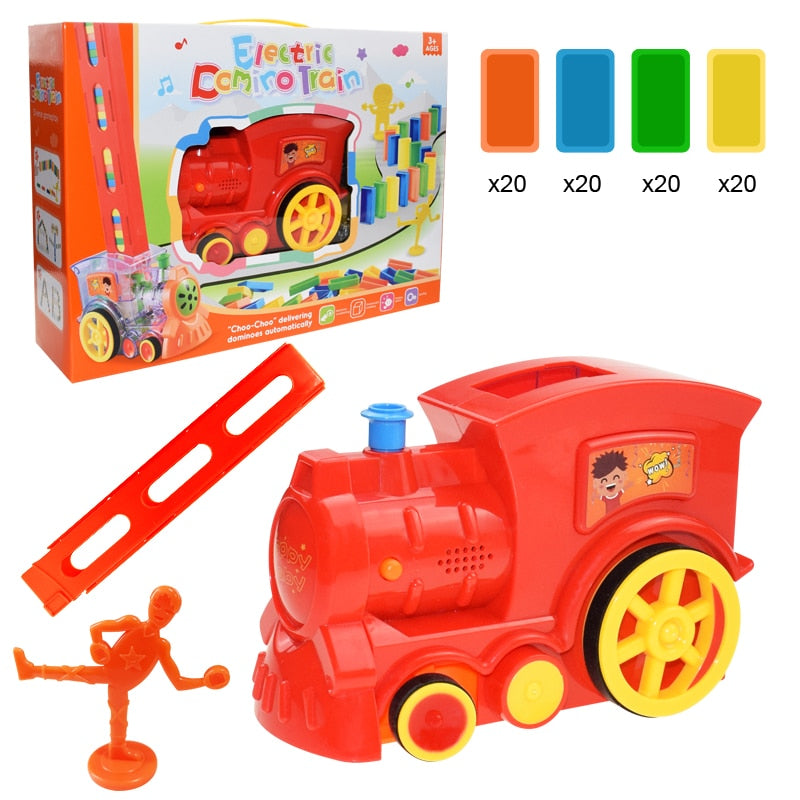 Train à dominos colorés pour enfant, ensemble de jeu éducatif avec lumière sonore, pose automatique de briques