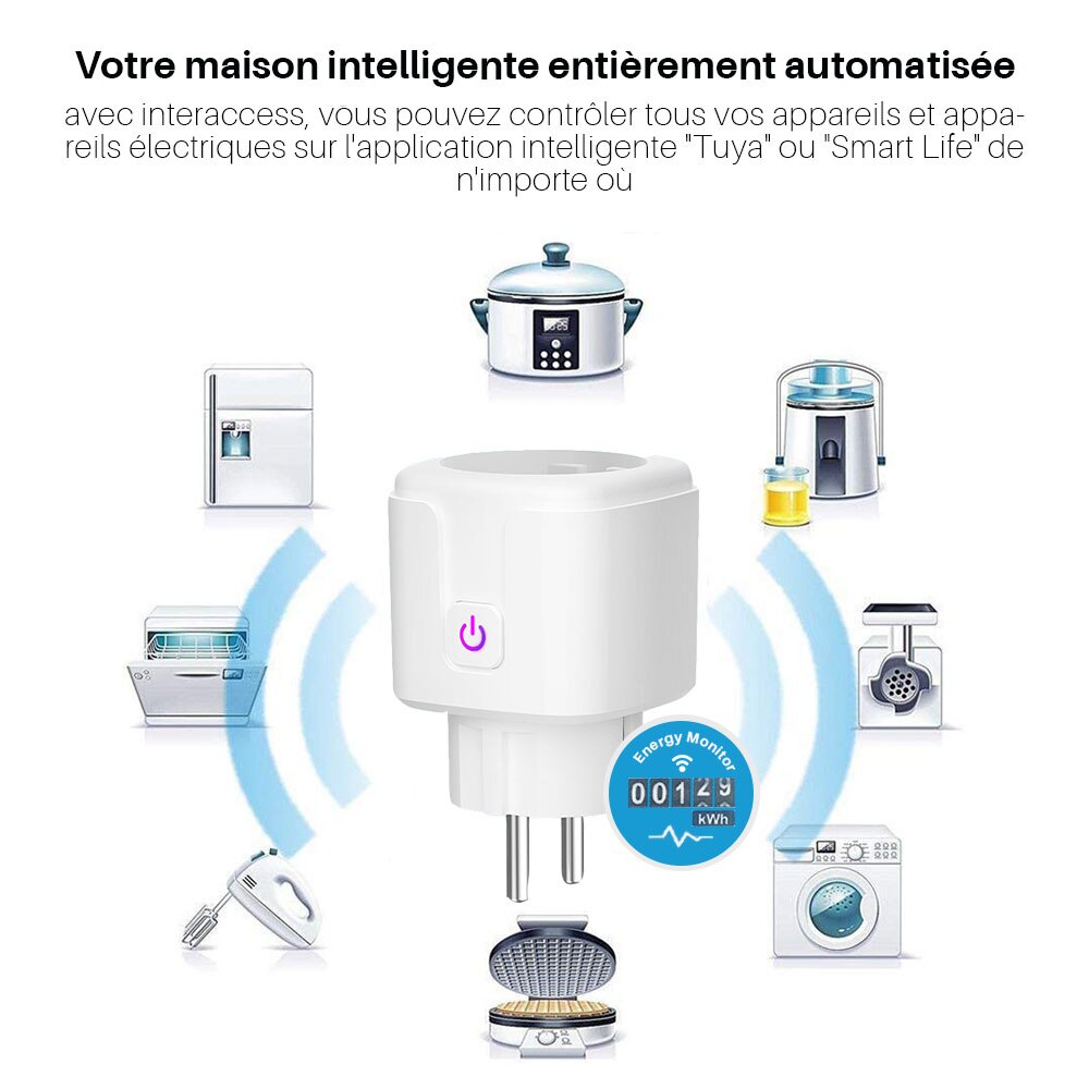 Prise Wifi intelligente UE 16A, fonction de moniteur de puissance, contrôle de l'application Tuya Smart Life