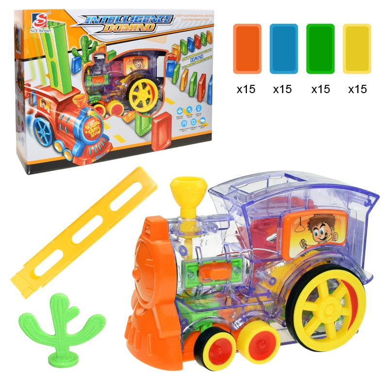 Train à dominos colorés pour enfant, ensemble de jeu éducatif avec lumière sonore, pose automatique de briques