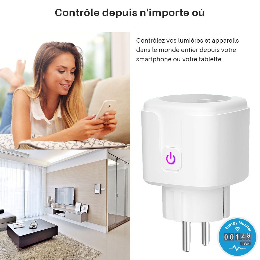 Prise Wifi intelligente UE 16A, fonction de moniteur de puissance, contrôle de l'application Tuya Smart Life