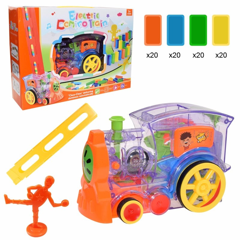 Train à dominos colorés pour enfant, ensemble de jeu éducatif avec lumière sonore, pose automatique de briques