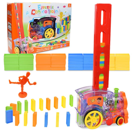 Train à dominos colorés pour enfant, ensemble de jeu éducatif avec lumière sonore, pose automatique de briques